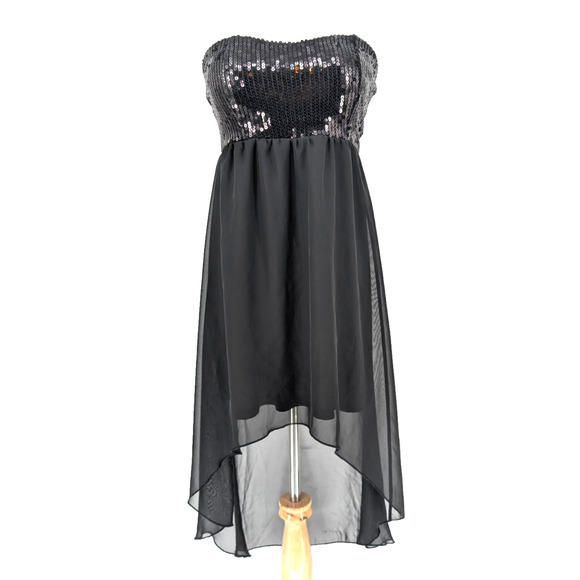 VTG Y2K Wet Seal Black Sequin Sheer Asymmetrical Gothic Chiffon Strapless Dress - Picture 6 of 9